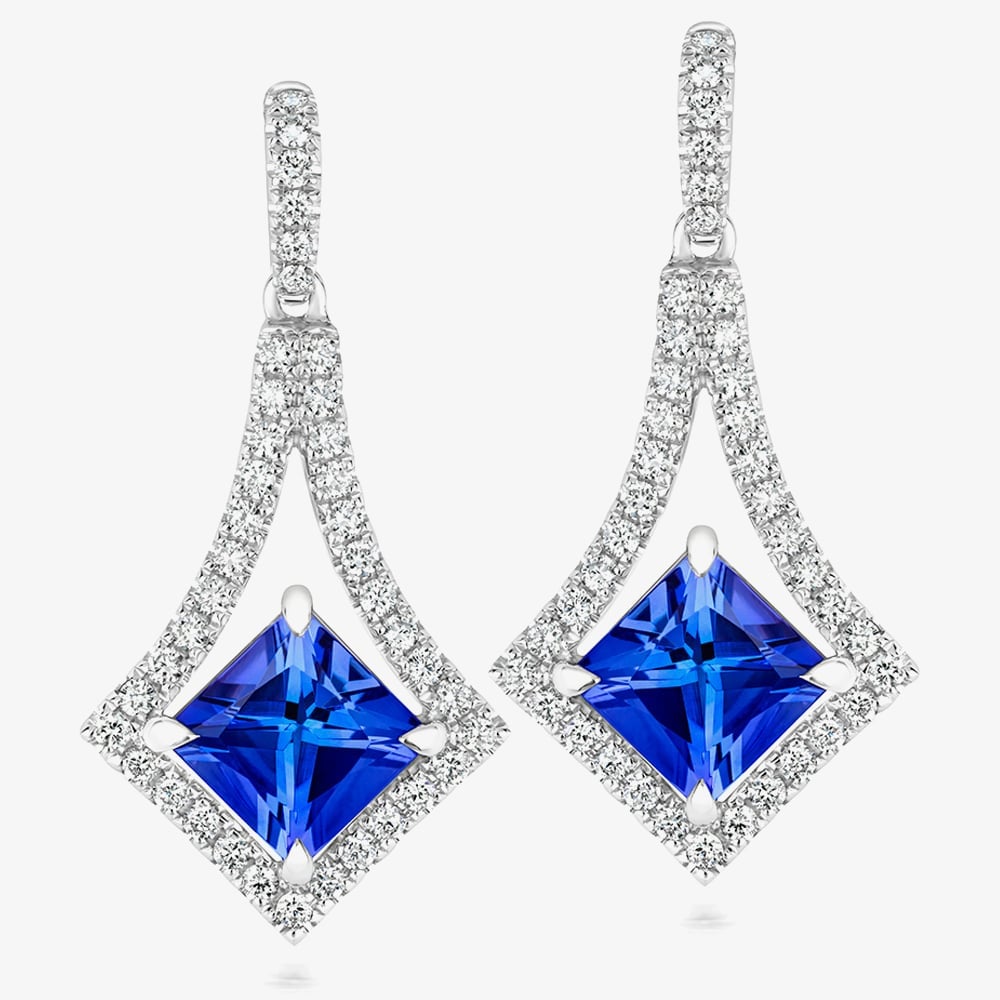 Product photograph of Tivon 18ct White Gold Princess-cut Tanzanite Amp Diamond Dropper Earrings Ew-0826-tz from The Jewel Hut