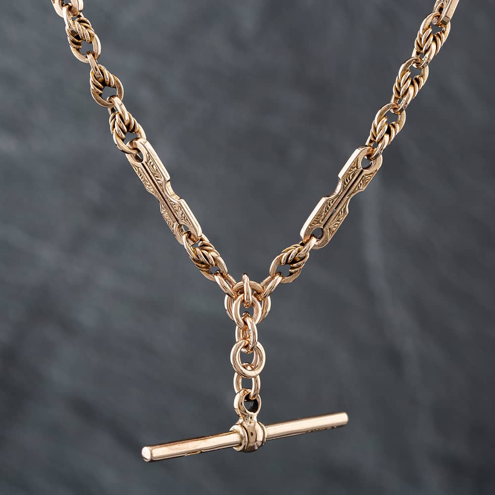 Product photograph of Pre-owned Vintage 9ct Rose Gold Engraved Bar Amp Rope 15 Inch Albert Chain 41041217 from The Jewel Hut