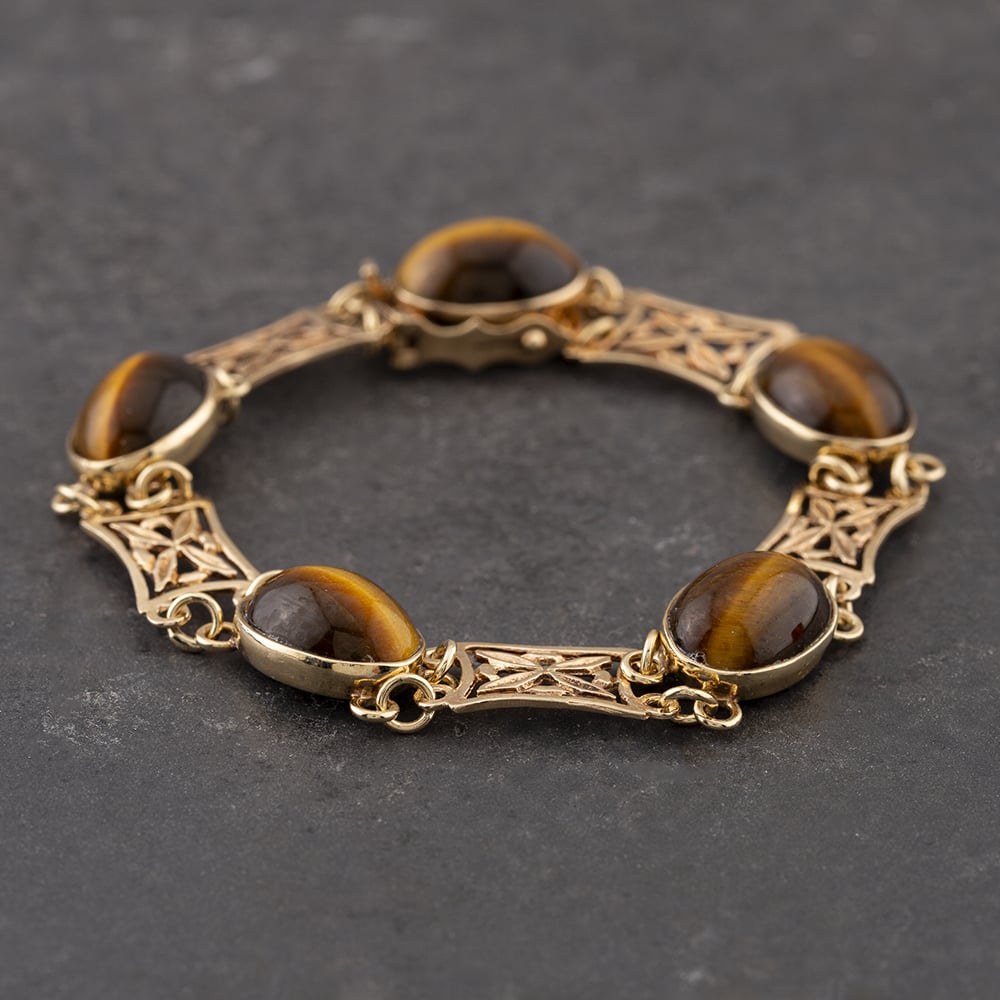 Product photograph of Pre-owned Vintage 9ct Yellow Gold Tigers Eye 7 5 Inch Bracelet 41281325 from The Jewel Hut