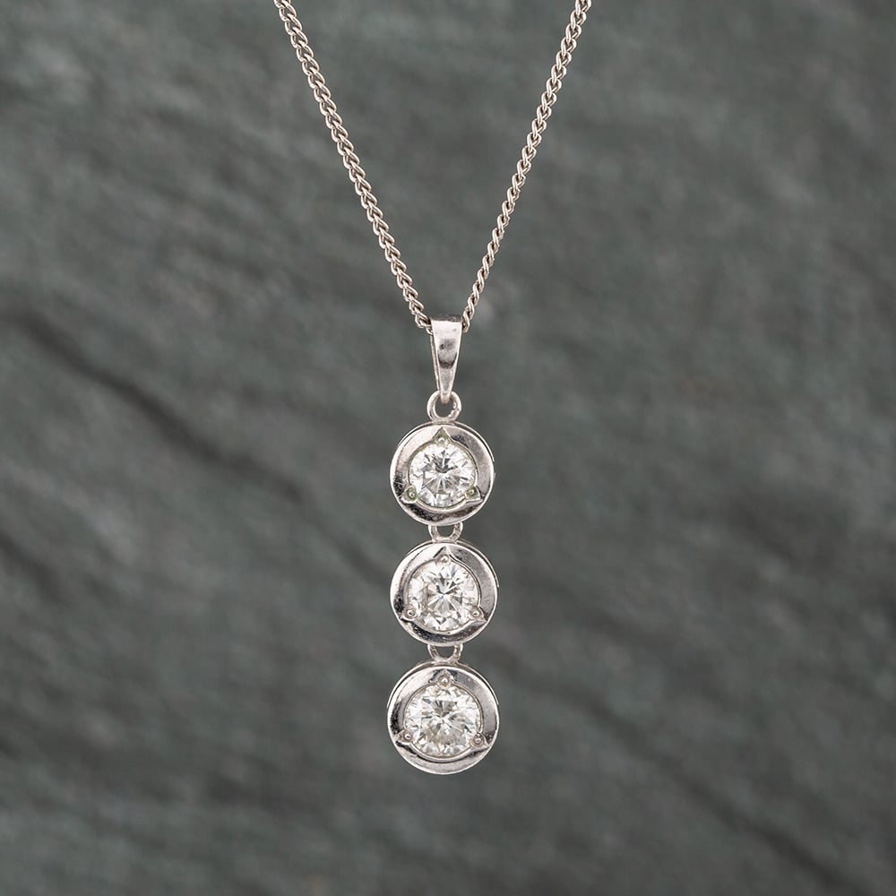 Product photograph of Pre-owned Platinum 1 04ct Brilliant Cut Diamond Three Stone Pendant Amp 16 Inch Curb Chain 43141115 from The Jewel Hut
