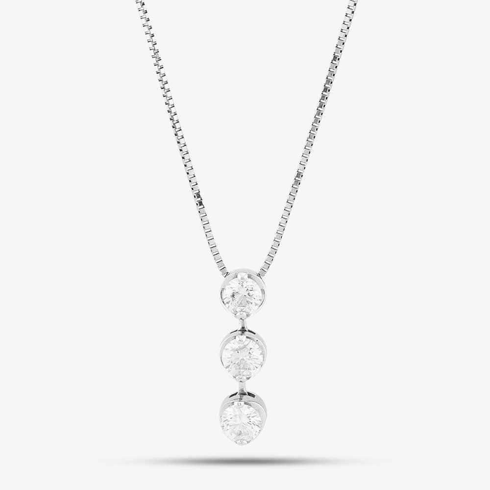 Product photograph of Pre-owned Platinum 1 00ct Brilliant Cut Diamond Three Stone Pendant Amp 18 Inch Box Chain 43141169 from The Jewel Hut