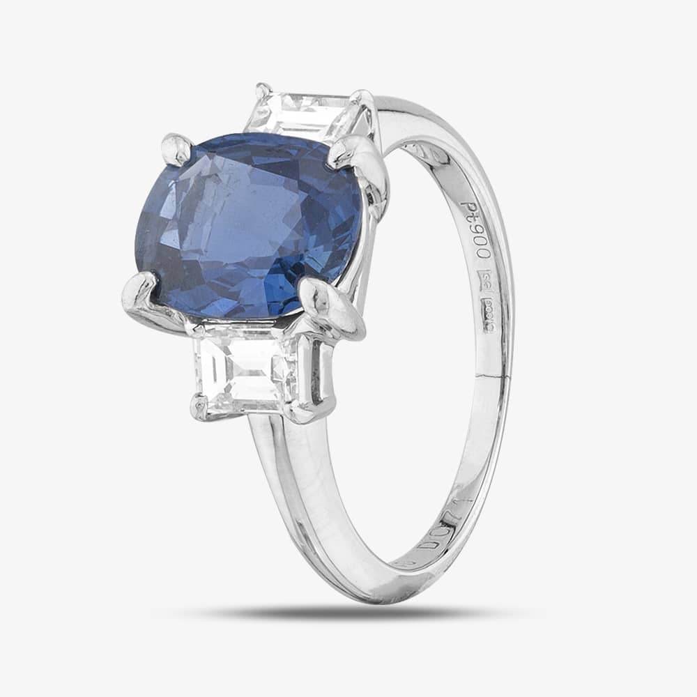 Product photograph of Pre-owned Platinum 3 40ct Oval Cut Sapphire Amp 0 74ct Baguette Cut Diamond Three Stone Ring 43361064 from The Jewel Hut