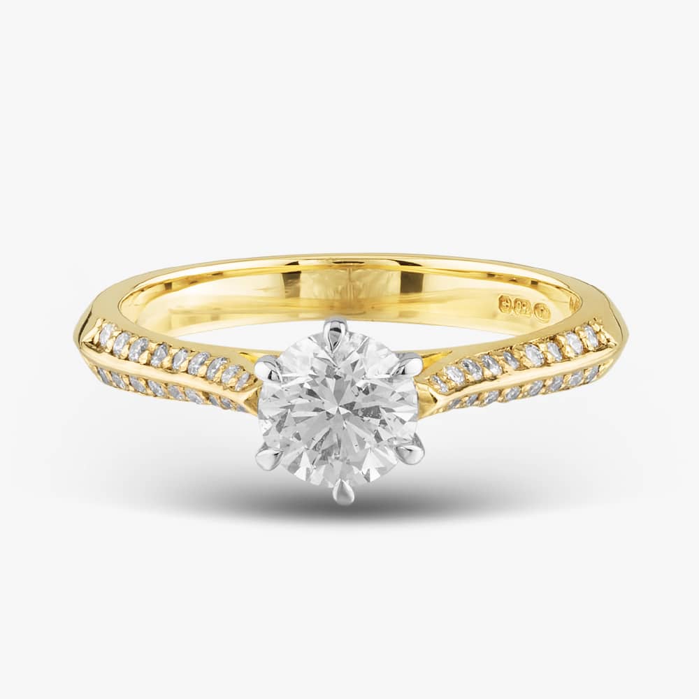 18ct Yellow Gold Certificated 0.90ct Brilliant Cut Diamond Shoulder Set Solitaire Ring 10637/18PT/M020(.70ct)