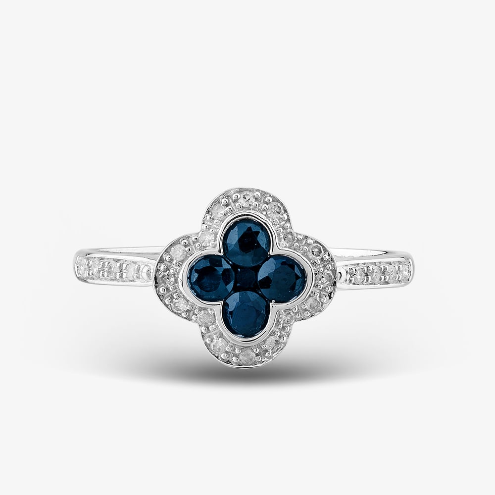 9ct White Gold Sapphire & Diamond Quatrefoil Shaped Cluster Ring PR10950 SA