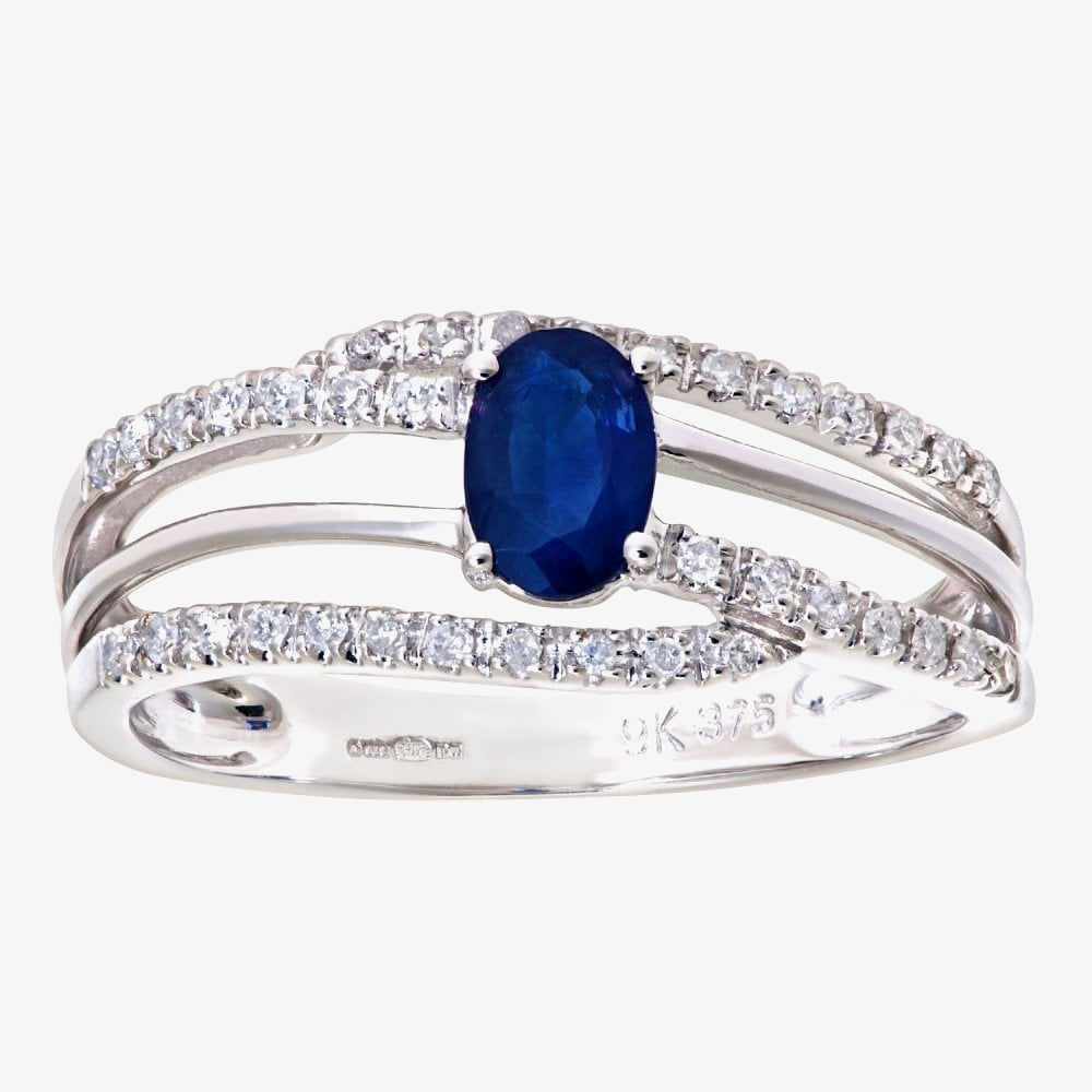 9ct White Gold Blue Oval Sapphire & 0.20ct Diamond Three Row Cross Over Ring DR1109W SA