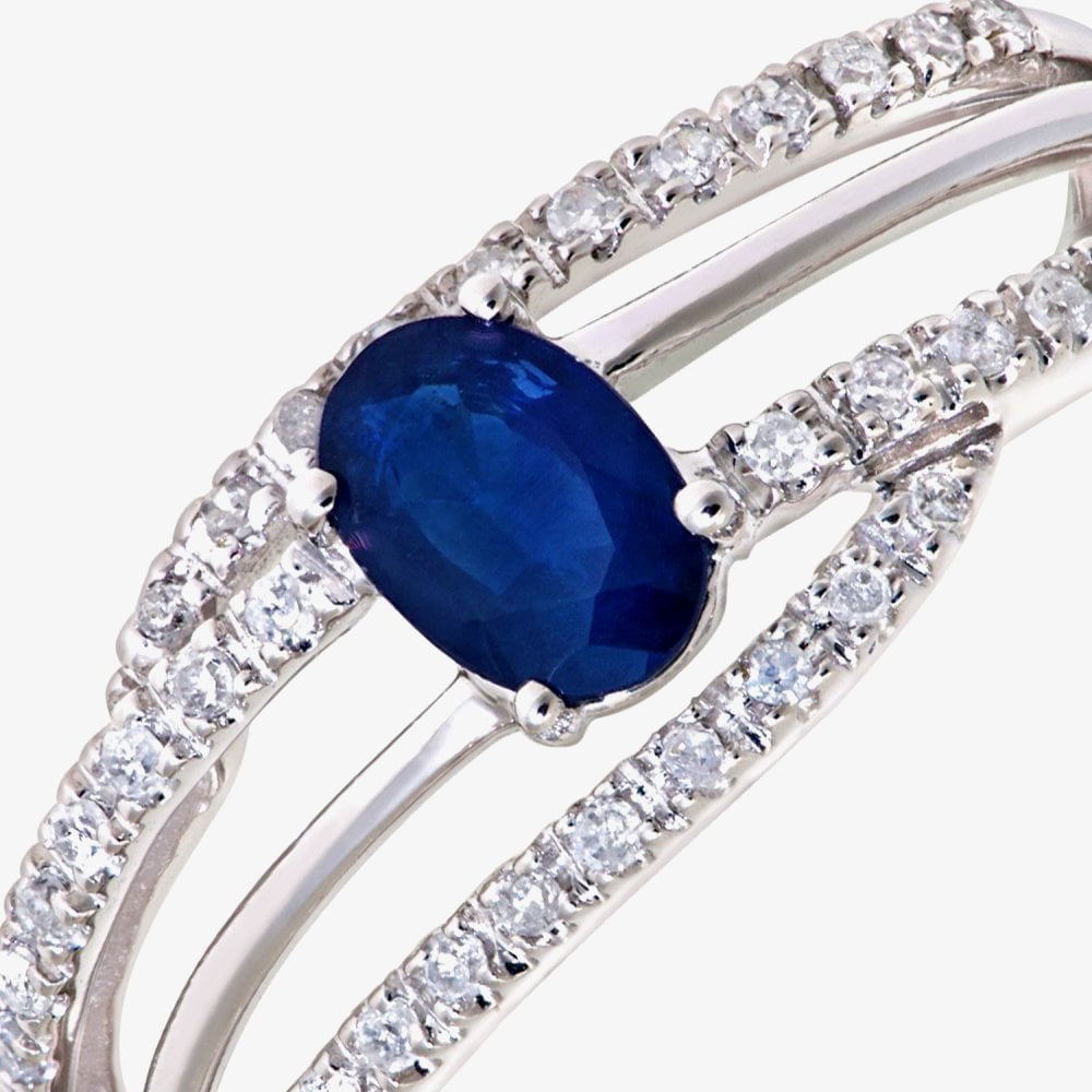 9ct White Gold Blue Oval Sapphire & 0.20ct Diamond Three Row Cross Over Ring DR1109W SA
