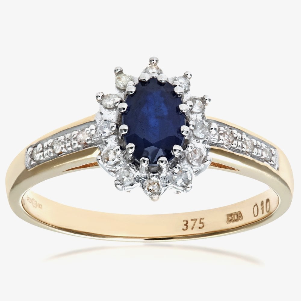 9ct Yellow Gold Sapphire 0.10ct Diamond Cluster Ring PR04767y SA