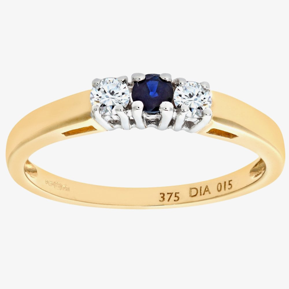 9ct Yellow Gold Three Stone Blue Sapphire 0.15ct Diamond Ring PR06007Y SA