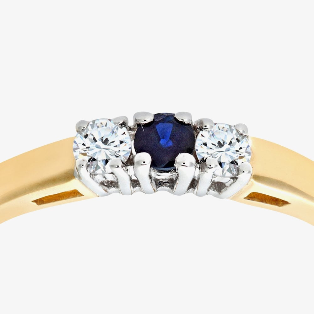 9ct Yellow Gold Three Stone Blue Sapphire 0.15ct Diamond Ring PR06007Y SA