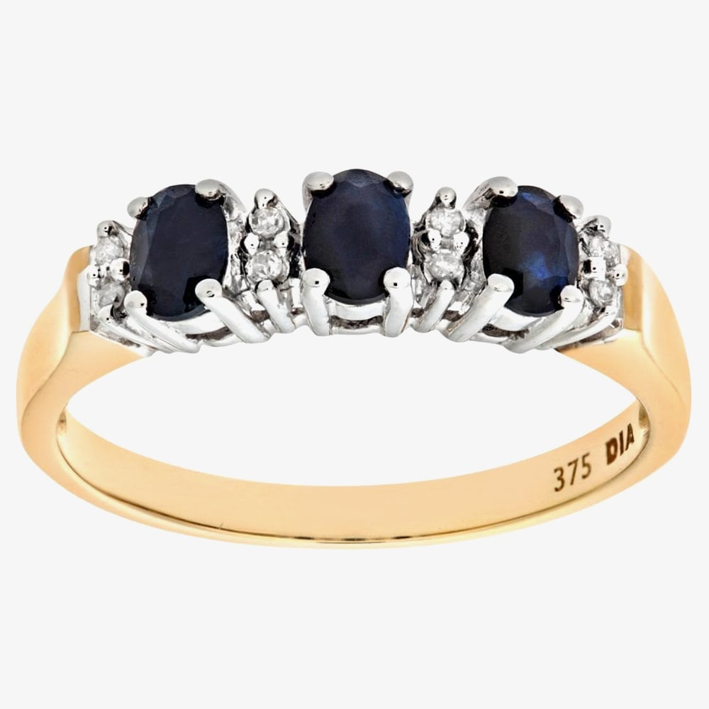 9ct Yellow Gold Three Oval Sapphire Stone 0.04ct Diamond Half Ring PR06491Y SA