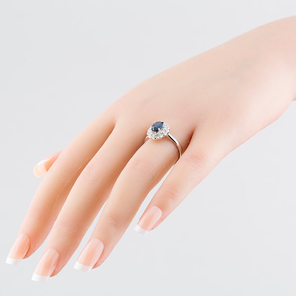 18ct White Gold Oval Cut Sapphire & Brilliant Cut Diamond Double Halo Ring R65158W-SAP M