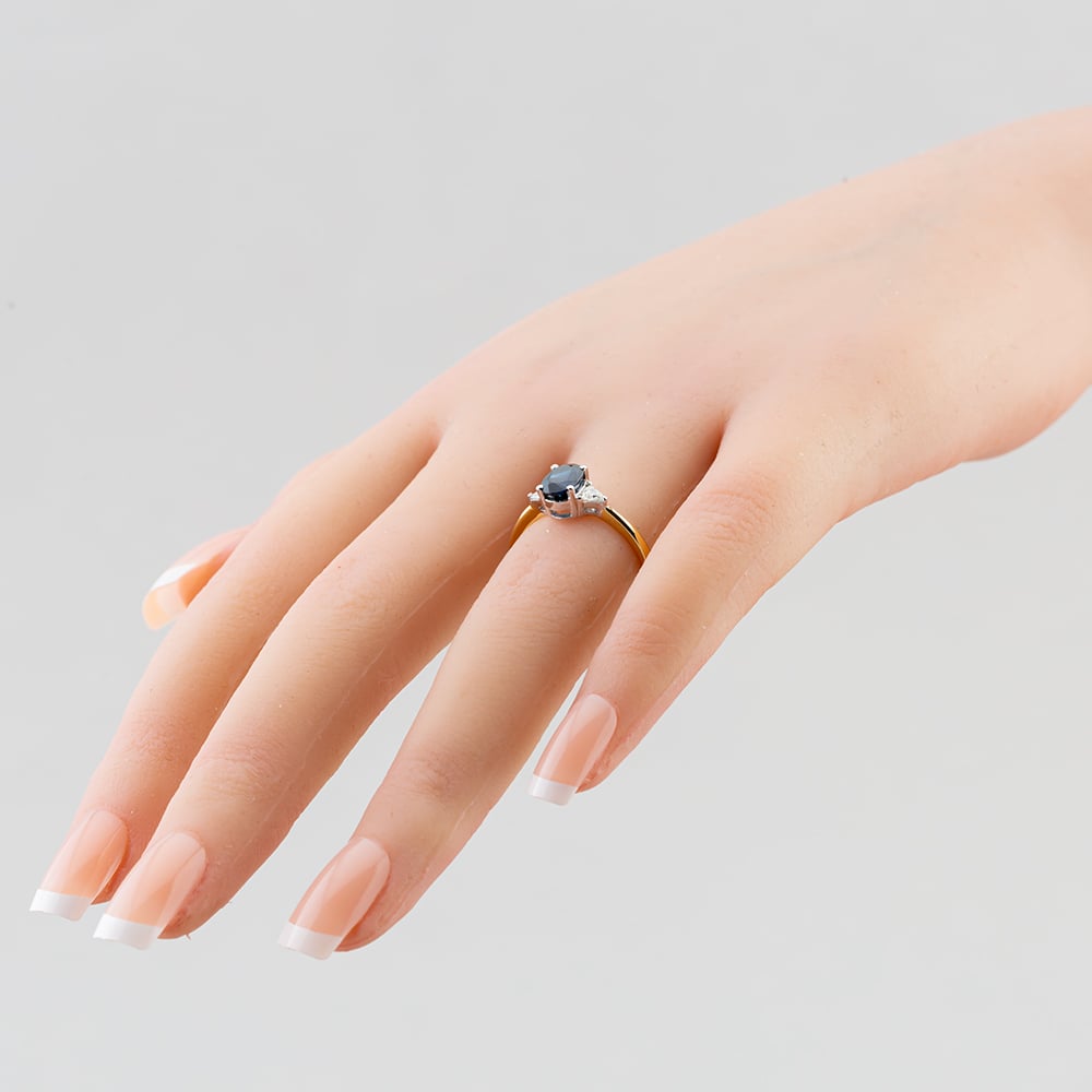 18ct Yellow Gold Oval Cut Sapphire & Trillion Cut Diamond Three Stone Ring R12893Y-SAP M