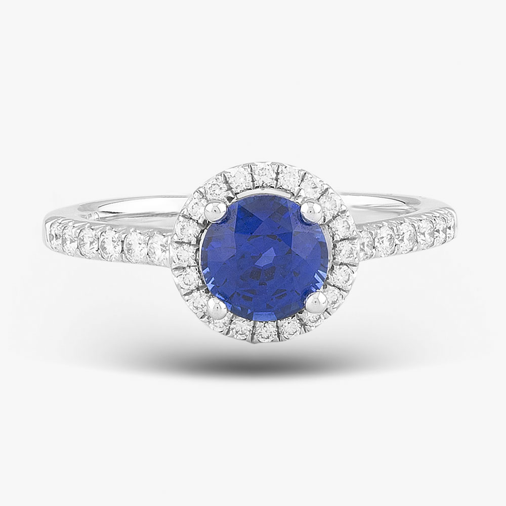 18ct White Gold Sapphire & Brilliant Cut Diamond Shoulder Set Halo Ring R39073GW18SA
