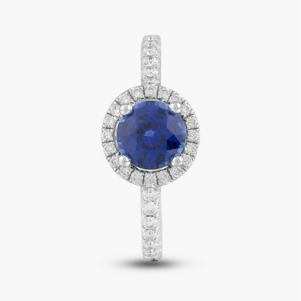 18ct White Gold Sapphire & Brilliant Cut Diamond Shoulder Set Halo Ring R39073GW18SA