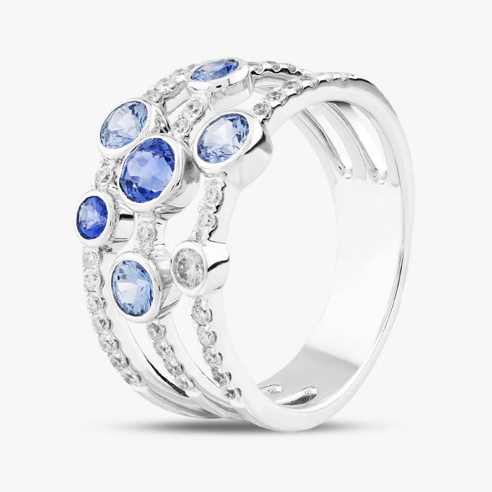 Product photograph of 18ct White Gold Brilliant Cut Sapphire Amp Diamond Three Row Ring R27362gw18sa from The Jewel Hut
