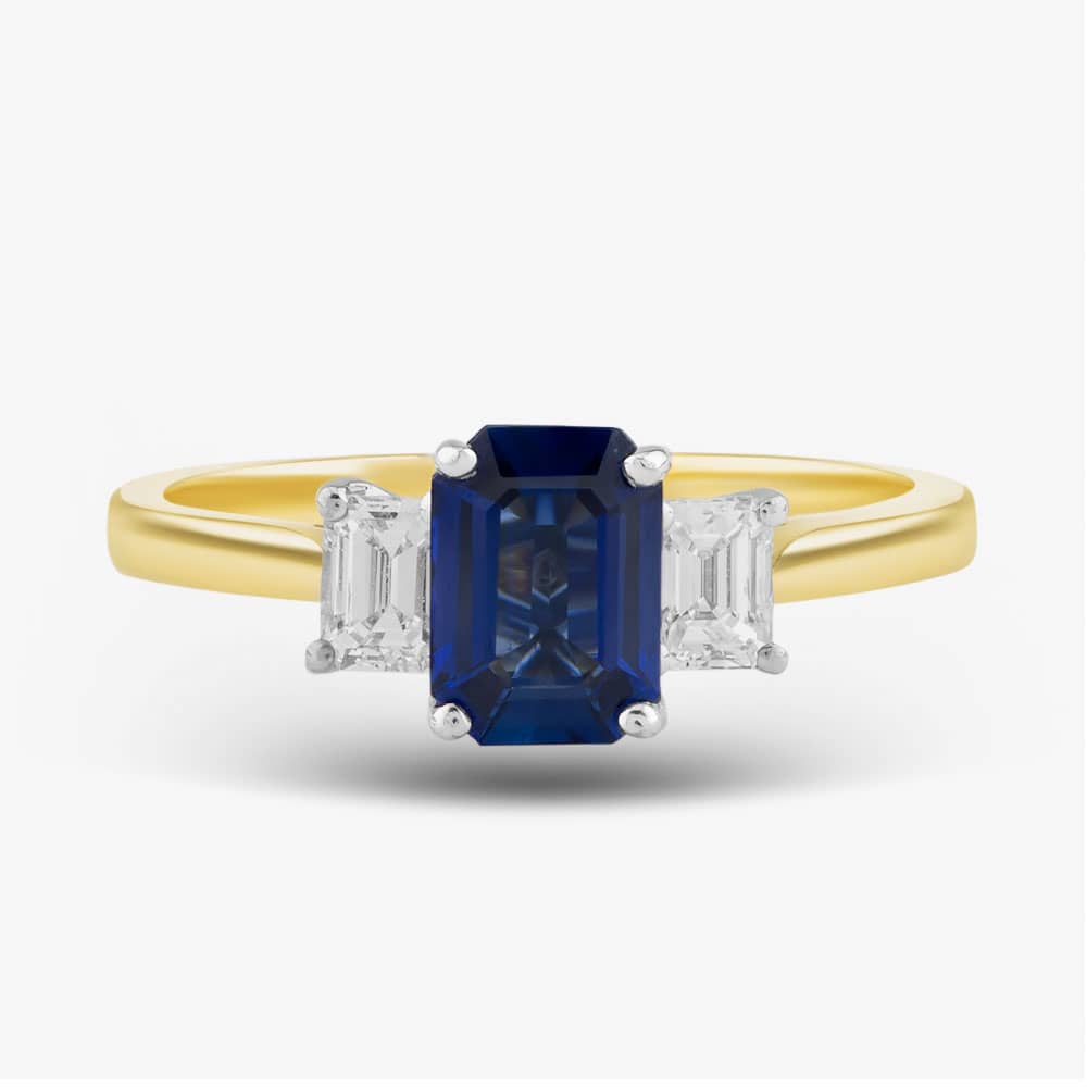 18ct Yellow Gold Emerald Cut Sapphire & Diamond Shoulder Set Solitaire Ring 20191G14 M