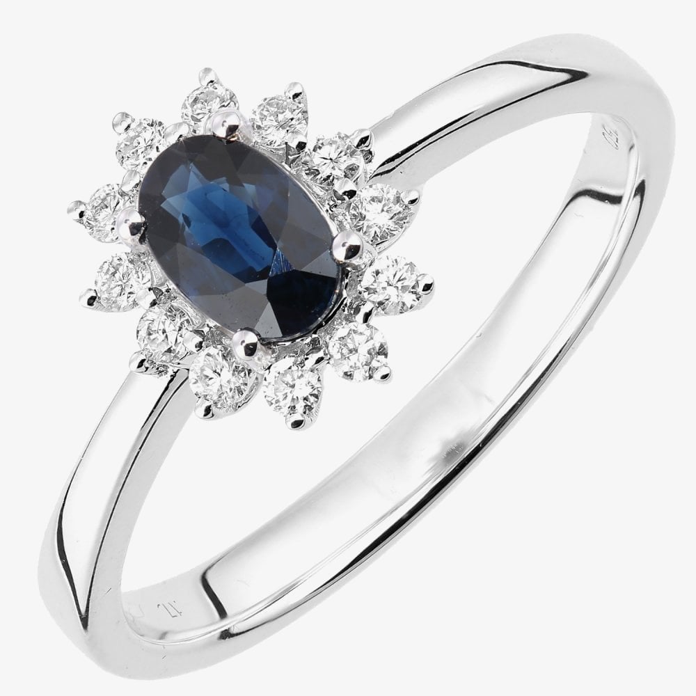 18ct White Gold Oval Sapphire & 0.15ct Cluster Diamond Ring DR1605W18SA