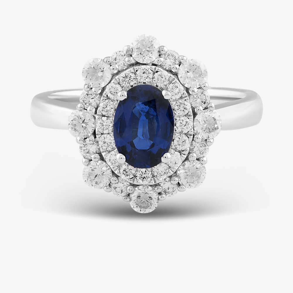 18ct White Gold 0.91ct Oval Cut Sapphire & 0.82ct Brilliant Cut Diamond Double Halo Ring 1518173 18KW M