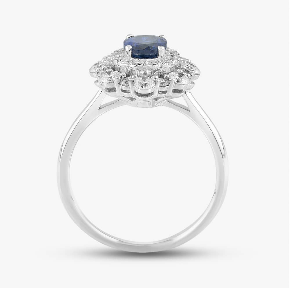 18ct White Gold 0.91ct Oval Cut Sapphire & 0.82ct Brilliant Cut Diamond Double Halo Ring 1518173 18KW M