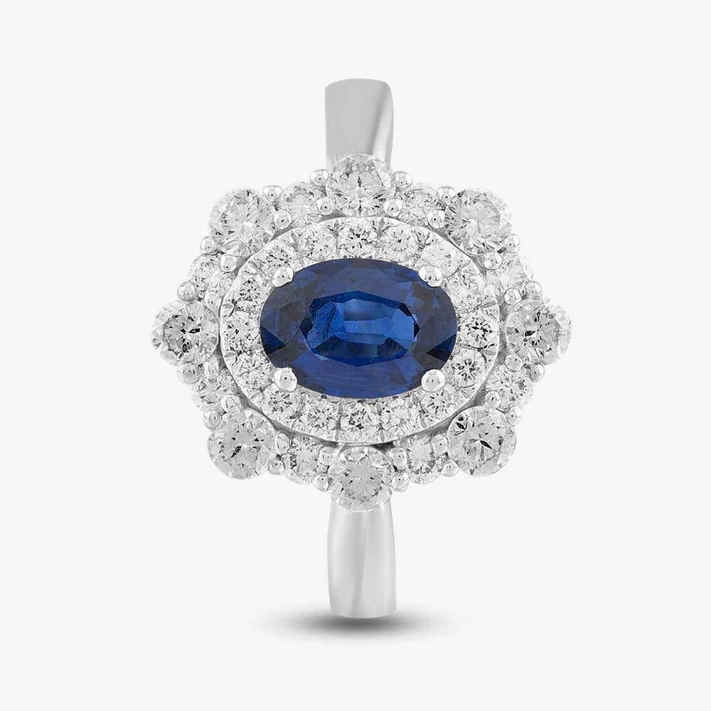 18ct White Gold 0.91ct Oval Cut Sapphire & 0.82ct Brilliant Cut Diamond Double Halo Ring 1518173 18KW M