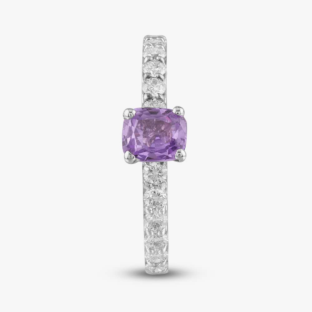 18ct White Gold Cushion Cut Purple Sapphire & Brilliant Cut Diamond Shoulder Set Solitaire Ring TE49428/3918WG/25-11-198