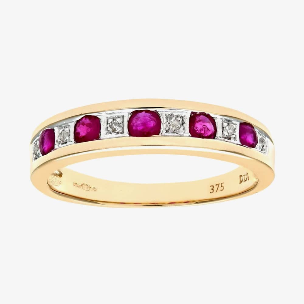 9ct Yellow Gold Brilliant Cut Ruby & 0.02ct Diamond Half Eternity Ring PR03027Y RU