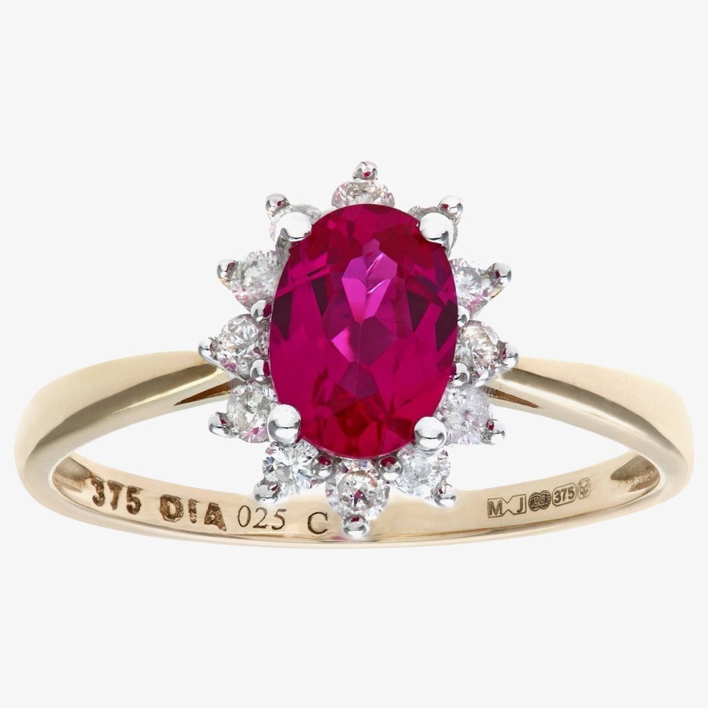 9ct Yellow Gold Oval Ruby & 0.25ct Diamond Cluster Ring PR10470Y RU