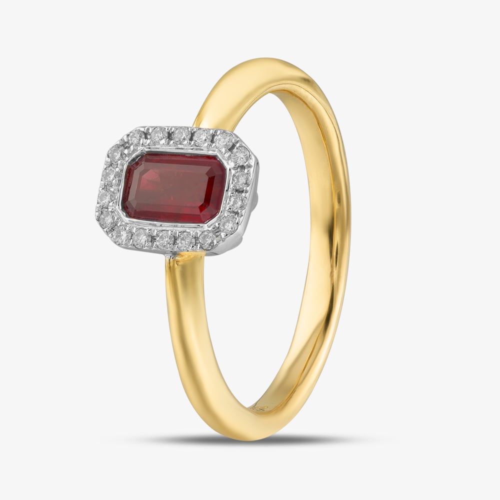 Product photograph of 18ct Yellow Gold Emerald Cut Ruby Amp Brilliant Cut Diamond Halo Ring 18dr334y-ruby M from The Jewel Hut