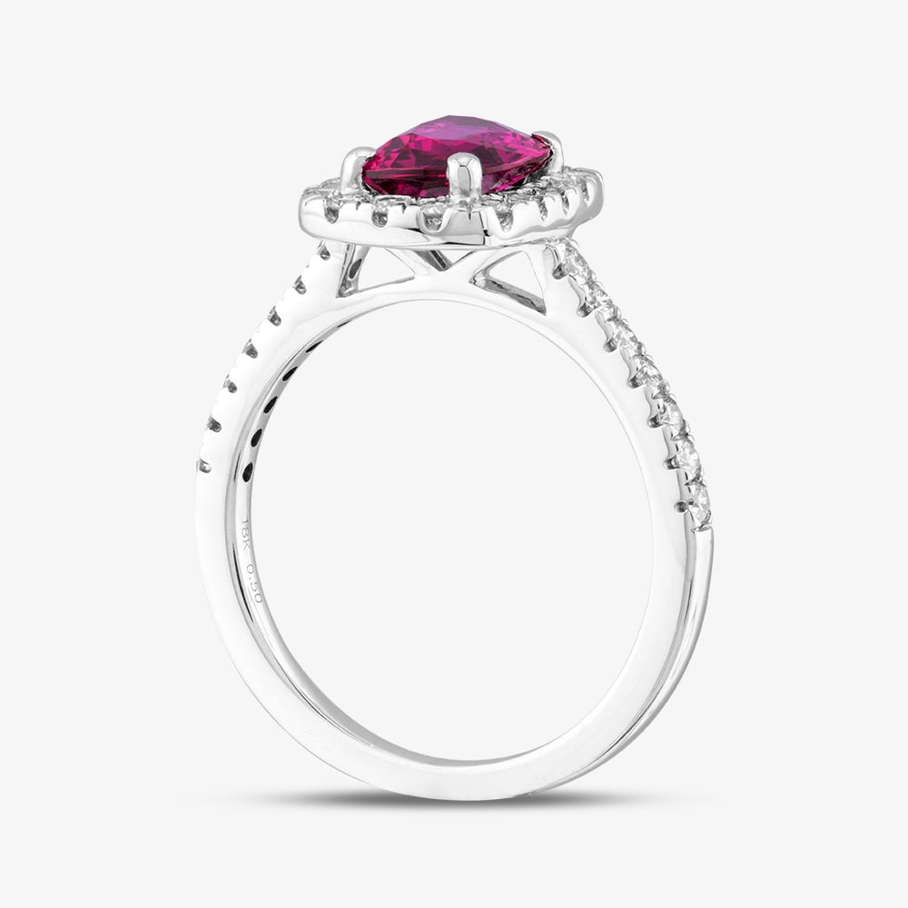 18ct White Gold 1.53ct Oval Cut Ruby & 0.50ct Brilliant Cut Diamond Halo Shoulder Set Ring DRR9002-18W-G/VS