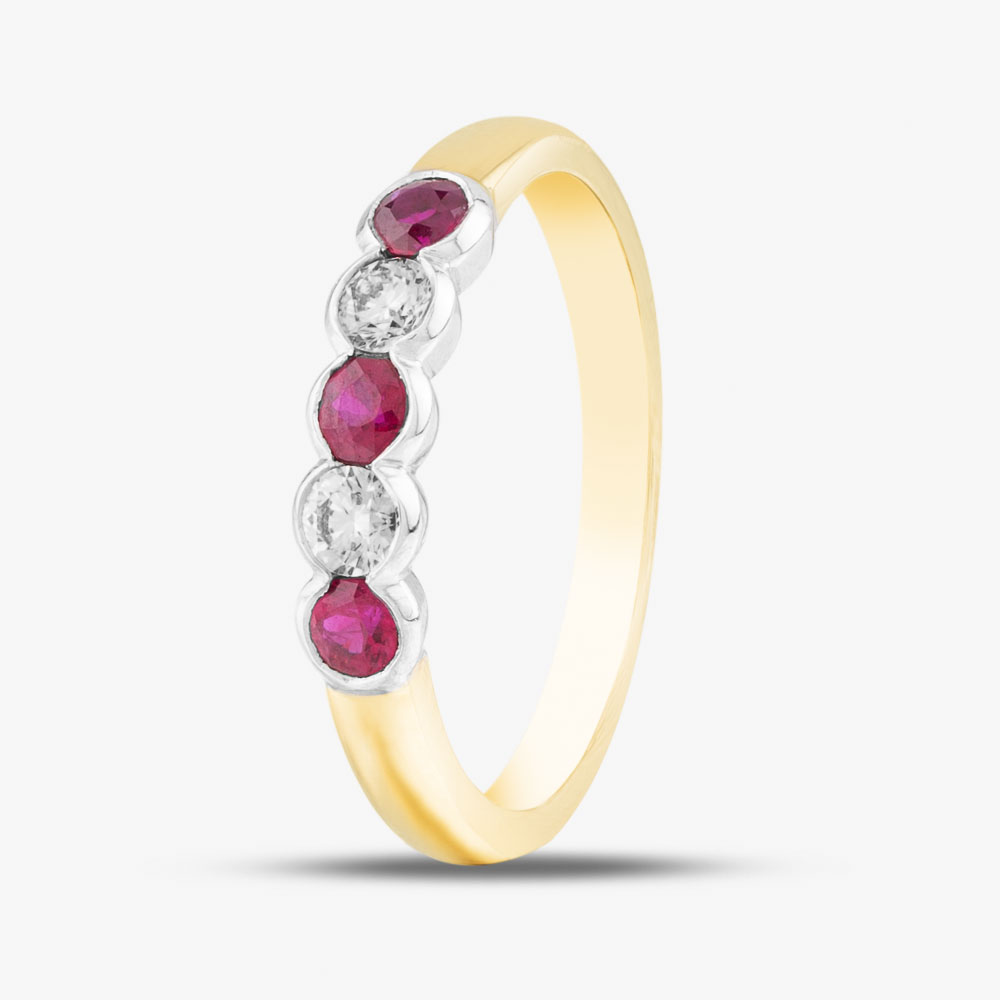 Product photograph of 18ct Yellow Gold Brilliant Cut Ruby Amp Diamond Five Stone Ring 33680g5 N from The Jewel Hut