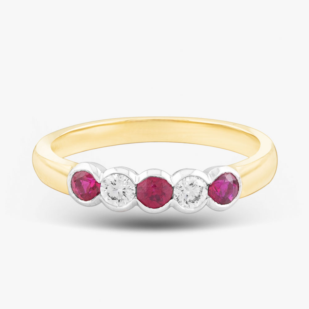 18ct Yellow Gold Brilliant Cut Ruby & Diamond Five Stone Ring 33680G5 N
