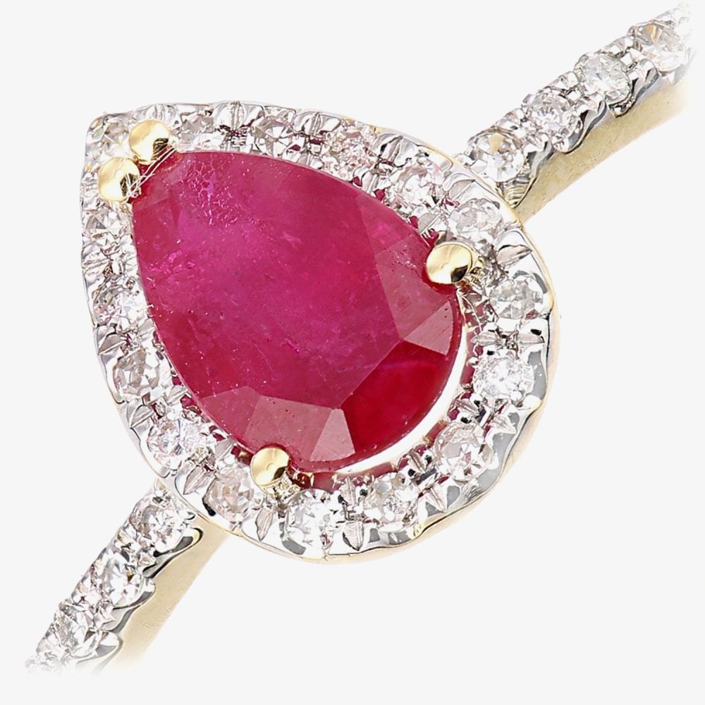 18ct Yellow Gold Pear Shaped Ruby & 0.10ct Diamond Cluster Ring DR1606Y18RU