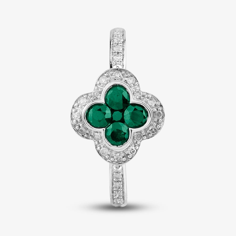 9ct White Gold Emerald & Diamond Quatrefoil Shaped Cluster Ring PR10950 EM