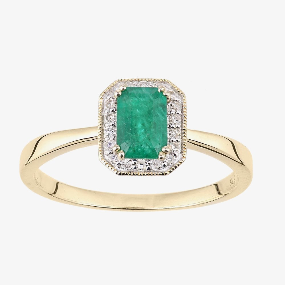 9ct Yellow Gold Emerald & 0.08ct Diamond Halo Ring DR1619YEM