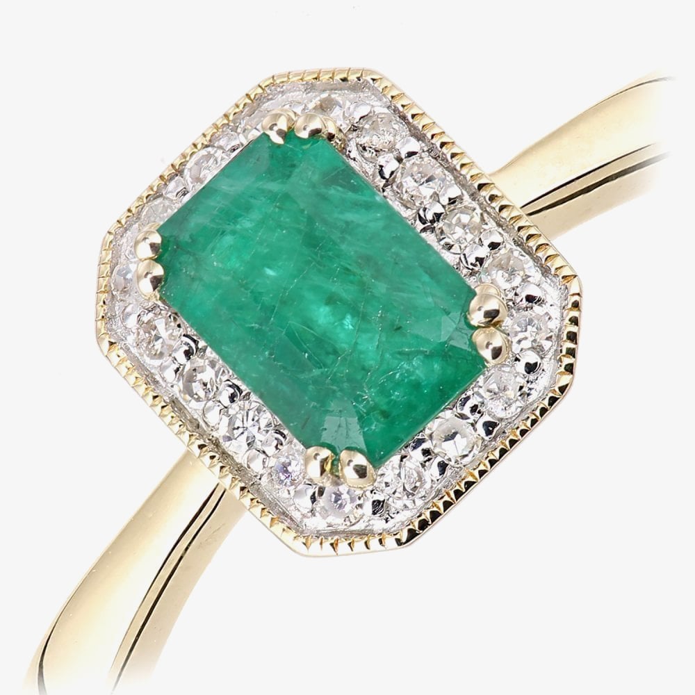 9ct Yellow Gold Emerald & 0.08ct Diamond Halo Ring DR1619YEM