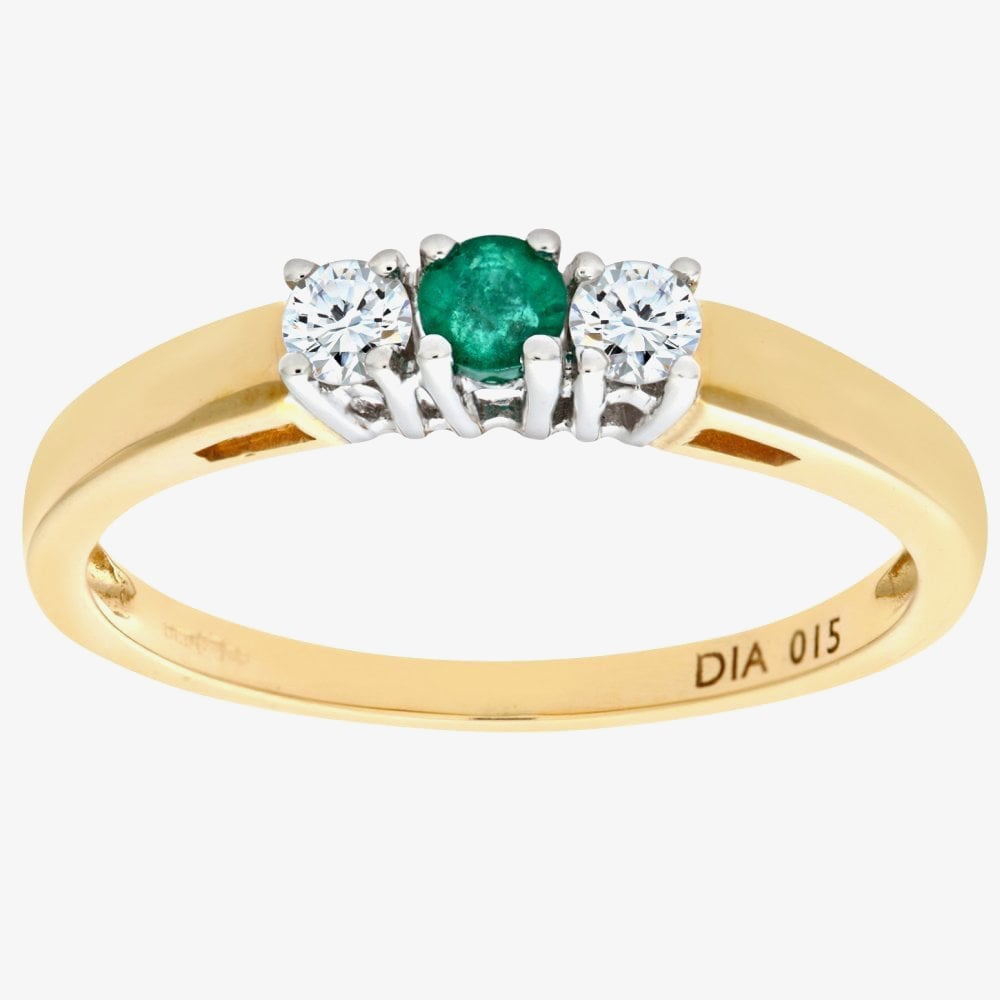 9ct Yellow Gold Emerald & 0.15ct Diamond Three Stone Ring PR06007Y EM