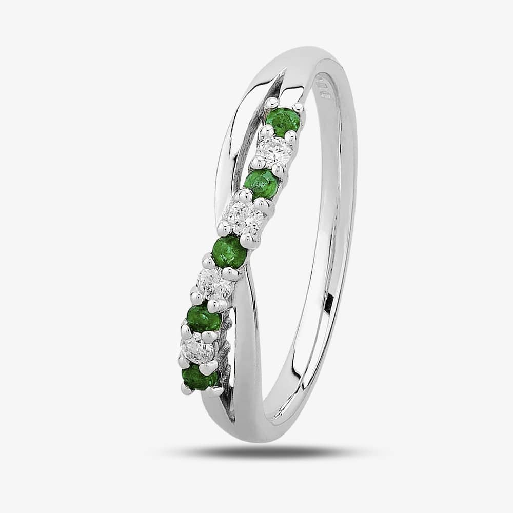 Product photograph of 9ct White Gold Emerald And Diamond Crossover Half Eternity Ring 9052 9w Dq1025e Q from The Jewel Hut