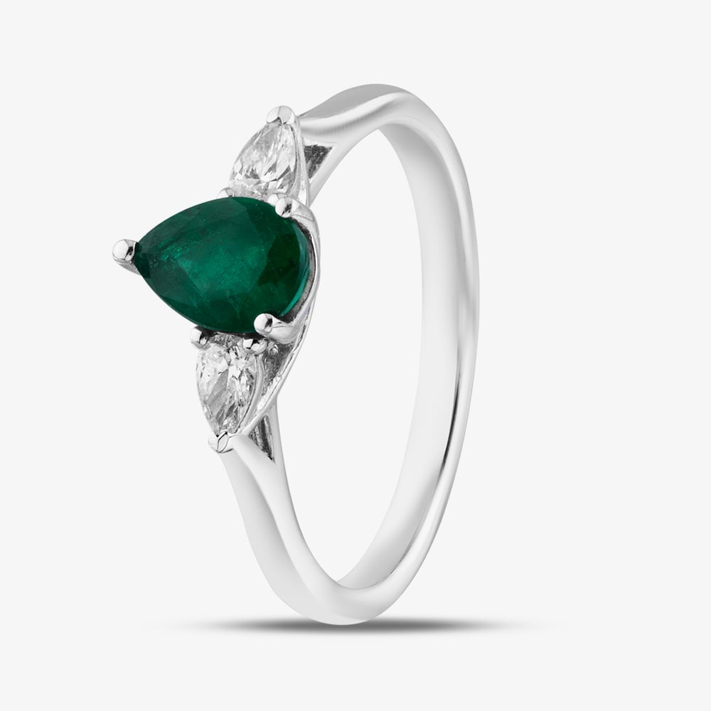 Product photograph of 18ct White Gold 0 69ct Pear Cut Emerald Amp 0 17ct Diamond Three Stone Ring R63945w-em M from The Jewel Hut