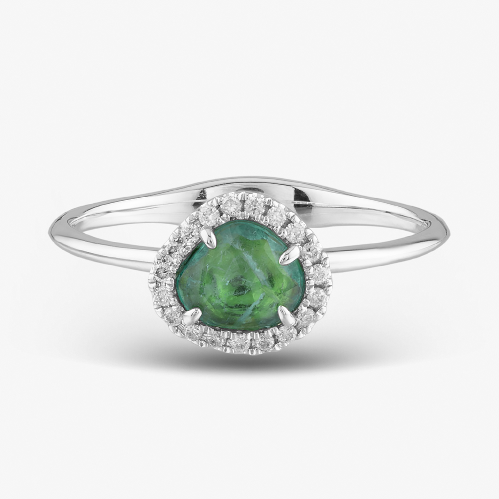 18ct White Gold 0.37ct Emerald & 0.07ct Brilliant Cut Diamond Halo Ring NTX1956