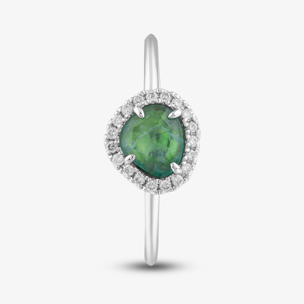 18ct White Gold 0.37ct Emerald & 0.07ct Brilliant Cut Diamond Halo Ring NTX1956