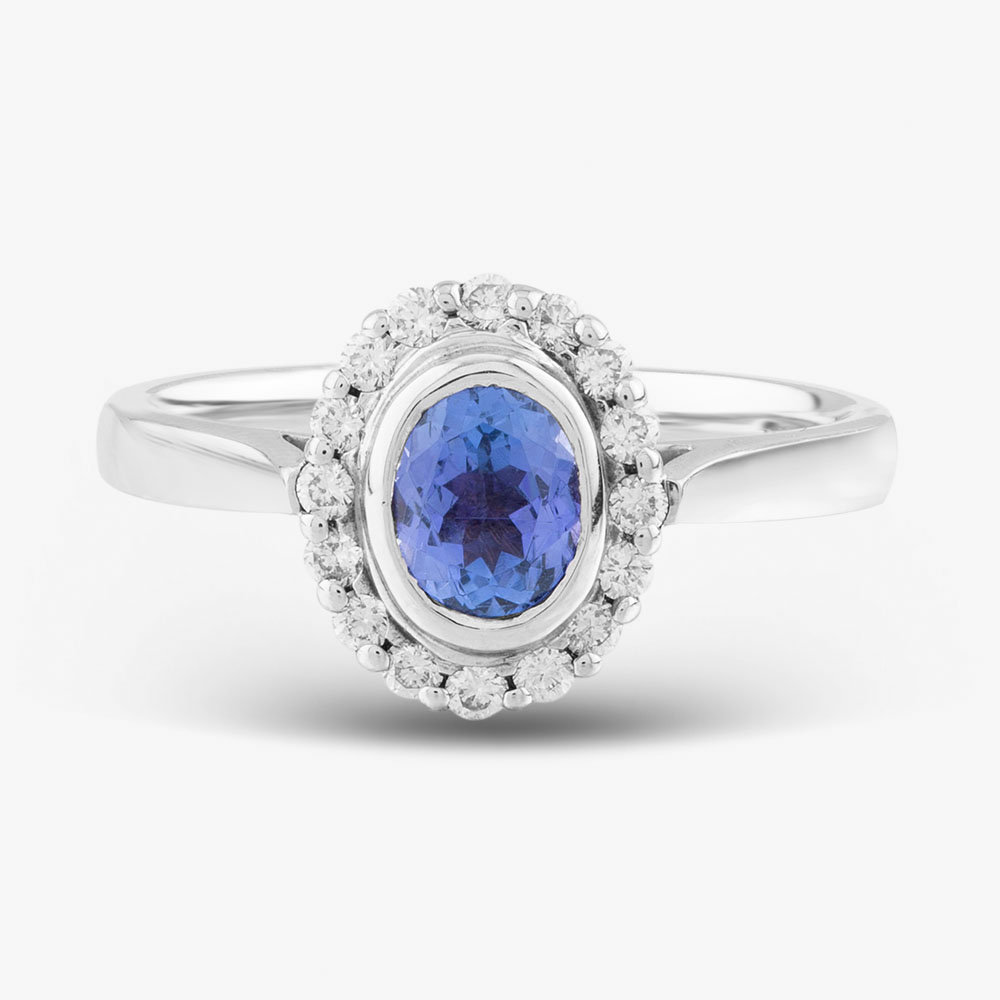 9ct White Gold Oval Cut Tanzanite & Brilliant Cut Diamond Halo Ring 10-80-567/25-04-228 N