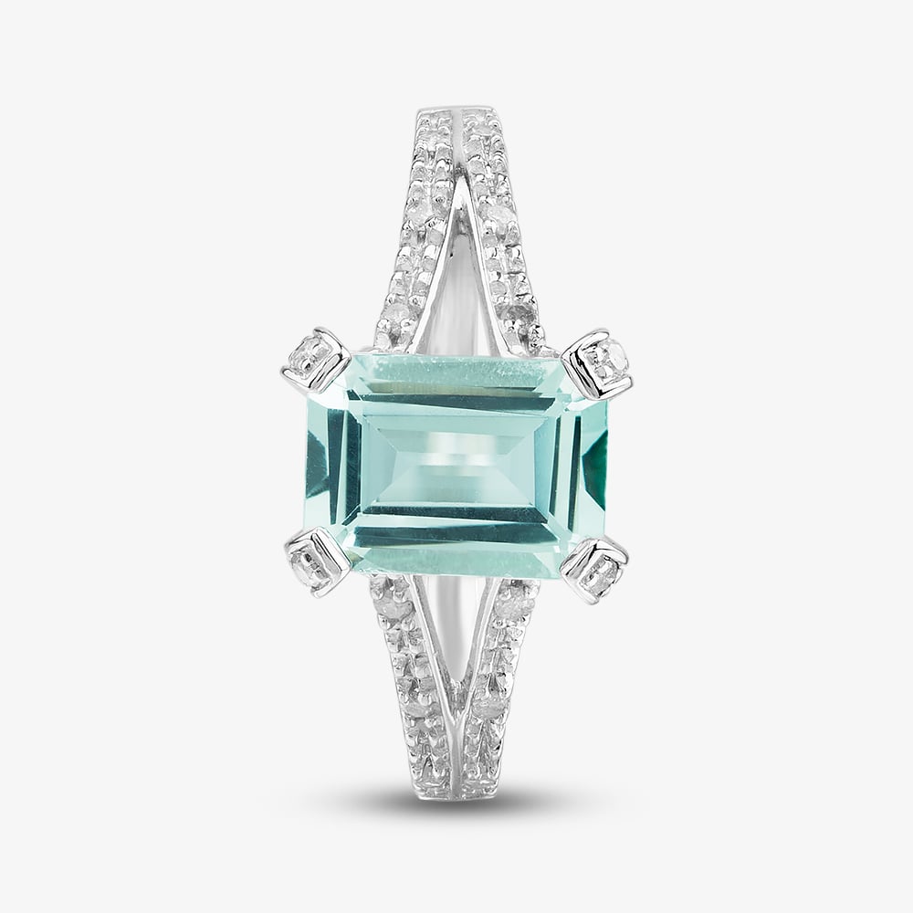 9ct White Gold Emerald Cut Aquamarine & Diamond Split Shoulders Ring PR07262W AQ