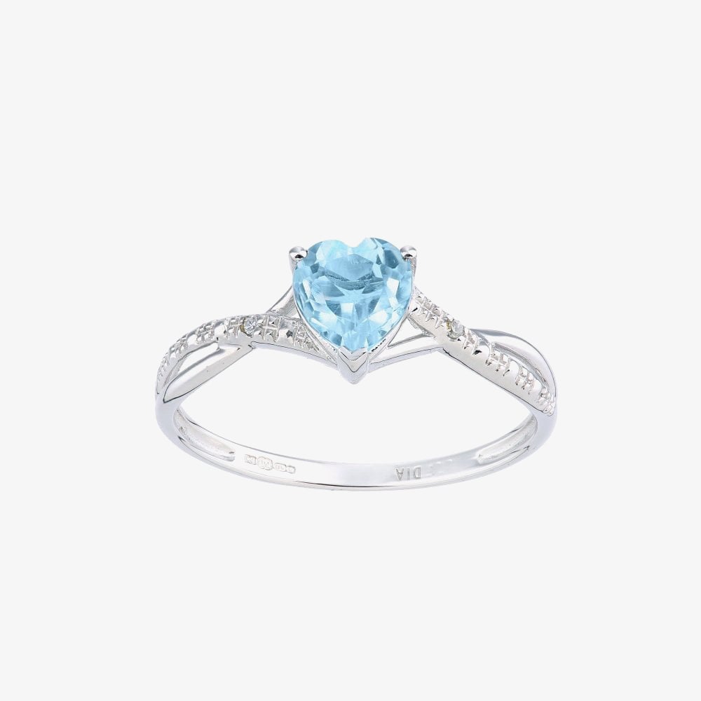 9ct White Gold Heart Cut Blue Topaz Diamond Set Shoulder Ring PR12710WBT