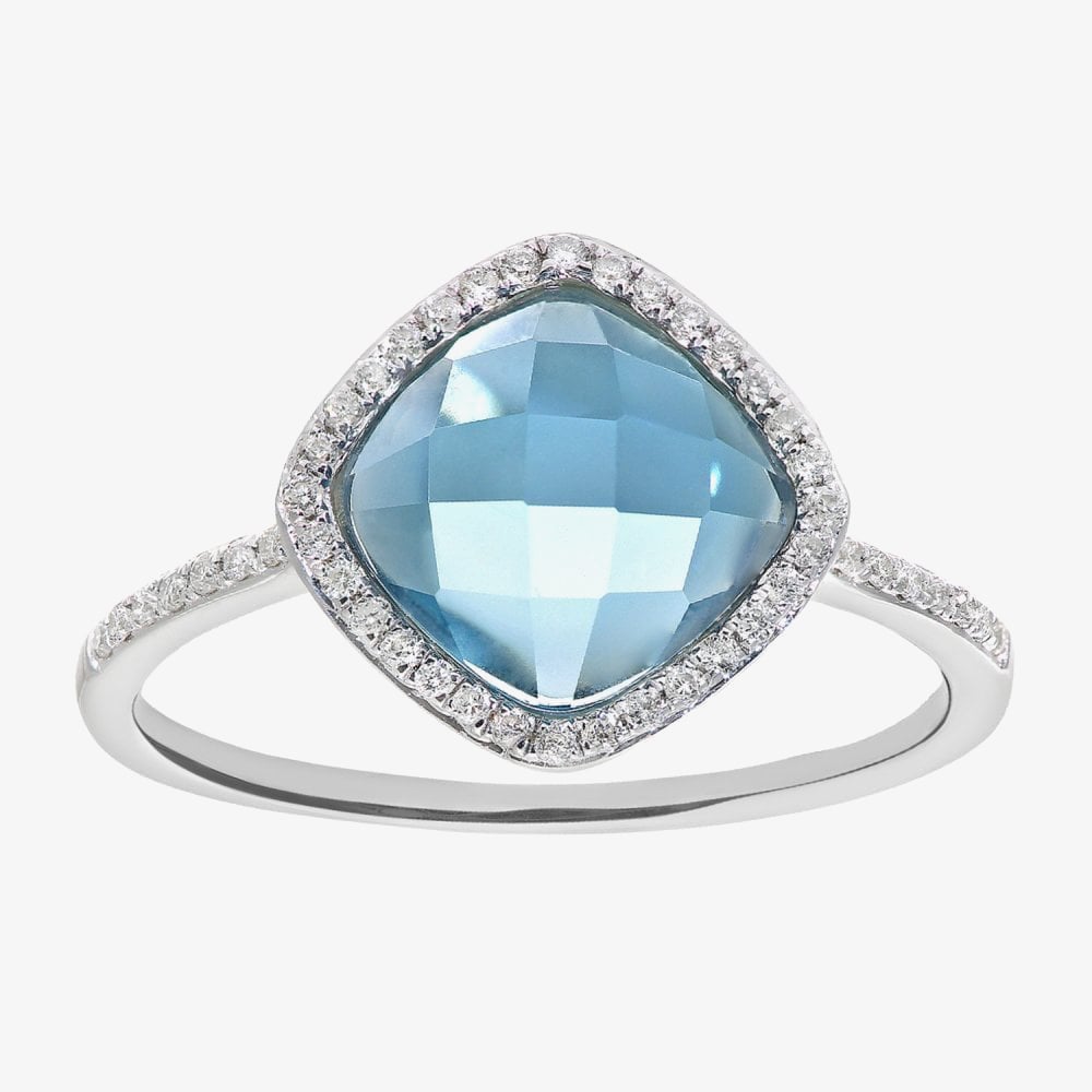 9ct White Gold Cushion Cut Blue Topaz Diamond Set Shoulder Ring DR1503W BT