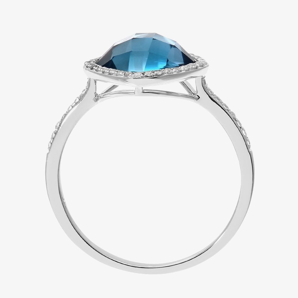 9ct White Gold Cushion Cut Blue Topaz Diamond Set Shoulder Ring DR1503W BT