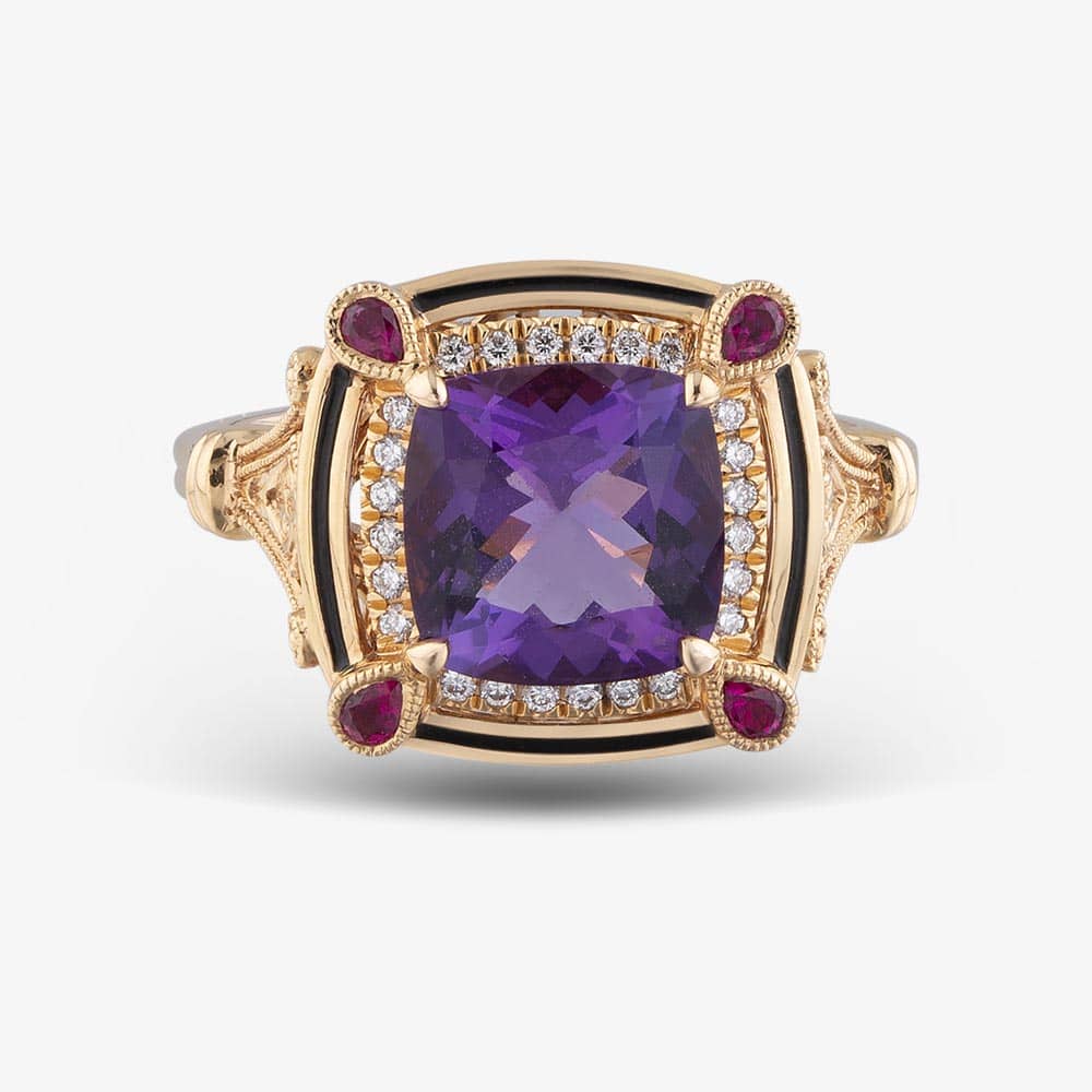 Ungar & Ungar 18ct Rose Gold Cushion Amethyst Diamond & Ruby Fancy Shoulder Cluster Ring  8RR31671DRuAm