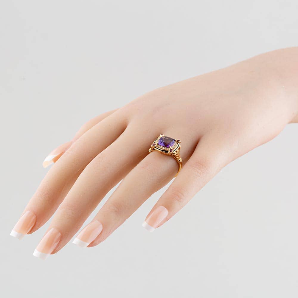 Ungar & Ungar 18ct Rose Gold Cushion Amethyst Diamond & Ruby Fancy Shoulder Cluster Ring  8RR31671DRuAm