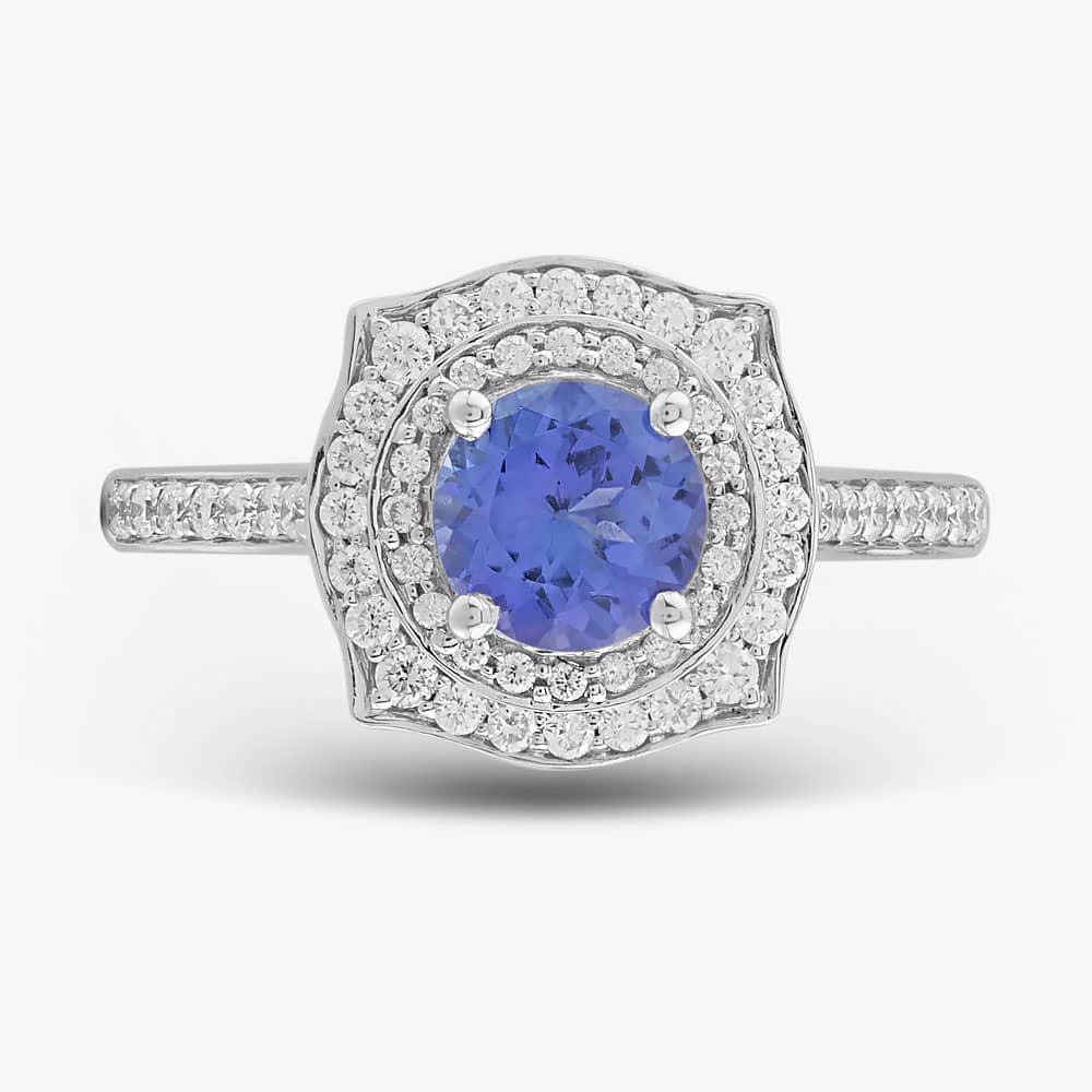 18ct White Gold 0.85ct Brilliant Cut Tanzanite & 0.33 Diamond Shoulder Set Halo Ring NTR2017TZD-18W