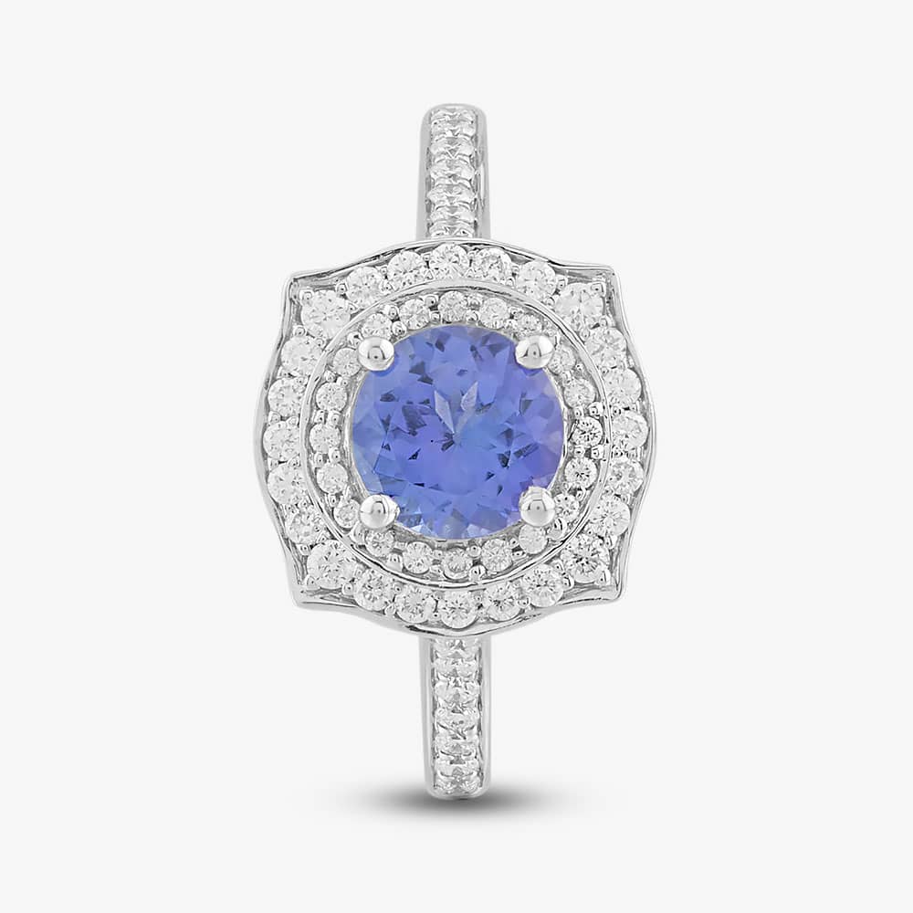 18ct White Gold 0.85ct Brilliant Cut Tanzanite & 0.33 Diamond Shoulder Set Halo Ring NTR2017TZD-18W