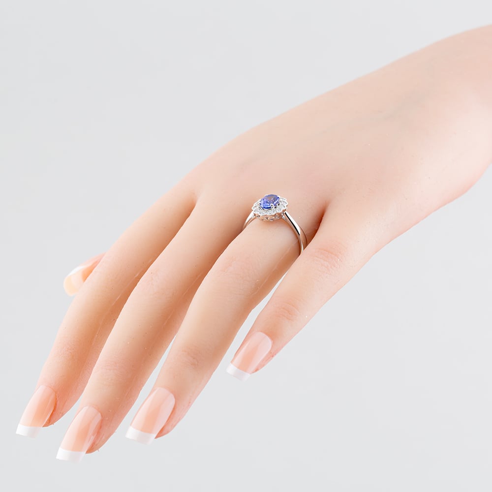 18ct White Gold Oval Cut Tanzanite & Brilliant Cut Diamond Halo Ring R54010W-TZ M
